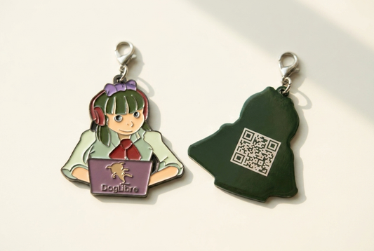 Girlie QR collar tag, DogLibre pet safety accessory
