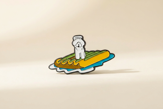 Surfer enamel pin, DogLibre rescue-inspired accessory
