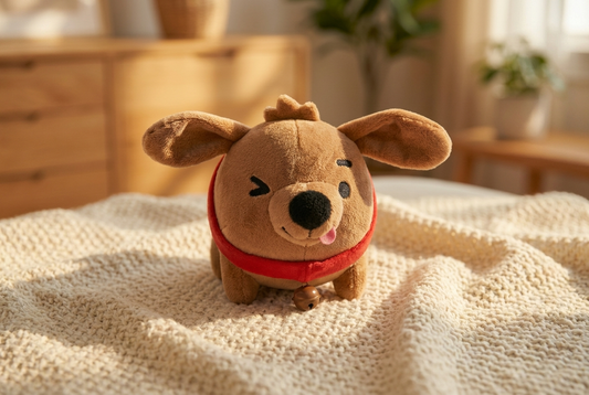 Brown plush dog toy supporting stray dog rescue, DogLibre plushie